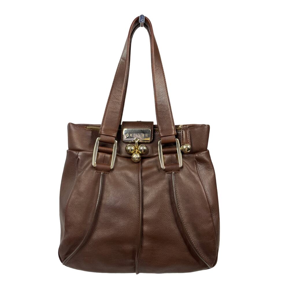 Celine Tote Small Tobacco Brown Leather Handbag Vintage Gold Hardware Italy